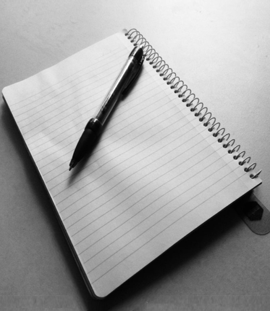 black and white image of a pen on a notebook